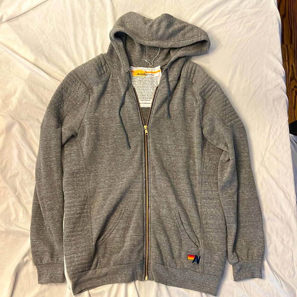 AVIATOR NATION ZIP UP HOODIE HEATHERED GREY LONGER LENGTH FROM STORE IN LA. RARE